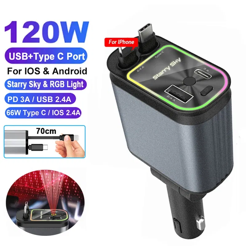Color Name: GRAY, Ships From: CHINA - 4 in 1 Retractable Car Charger 120W with USB C Lightning Cable Starlight in Auto Roof Fast Charging for IPhone Samsung Phones