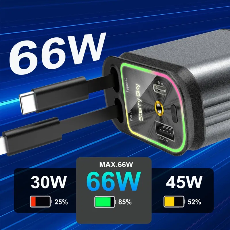 Color Name: GRAY, Ships From: CHINA - 4 in 1 Retractable Car Charger 120W with USB C Lightning Cable Starlight in Auto Roof Fast Charging for IPhone Samsung Phones