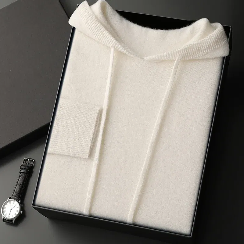 Color: WHITE, Size: M - MEETCC Luxury Men Cashmere Hooded Pullover Thick Warm Hoodie Sweater Autumn Winter 100% Cashmere Knitwear Quality Jumpers Tops