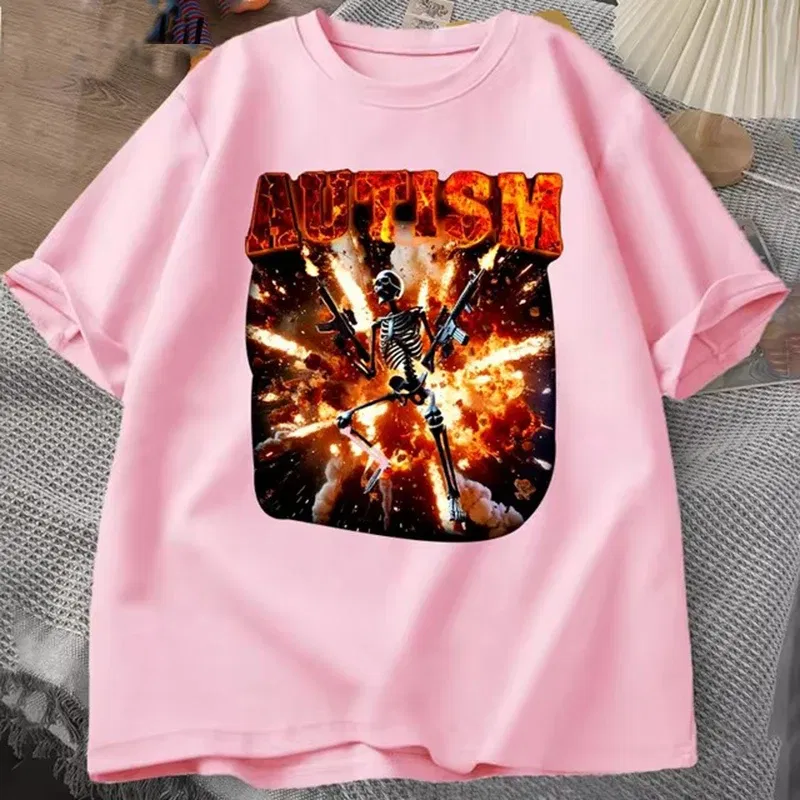 Color: army green, Size: S - Autistic Funny Skeleton T Shirt Women Men Autism Edgy Skeleton Meme T-shirt Casual Short Sleeve Tshirt Round Neck Clothes