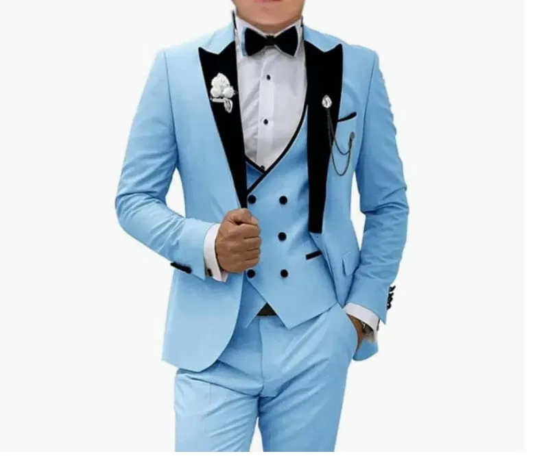 Color: SKY BLUE, Size: 4XL - Pink Prom Suit for Men  3 Piece Jacket Vest Pants Set   Peaked Lapel Blazer   Outfit Costume Birthday Party