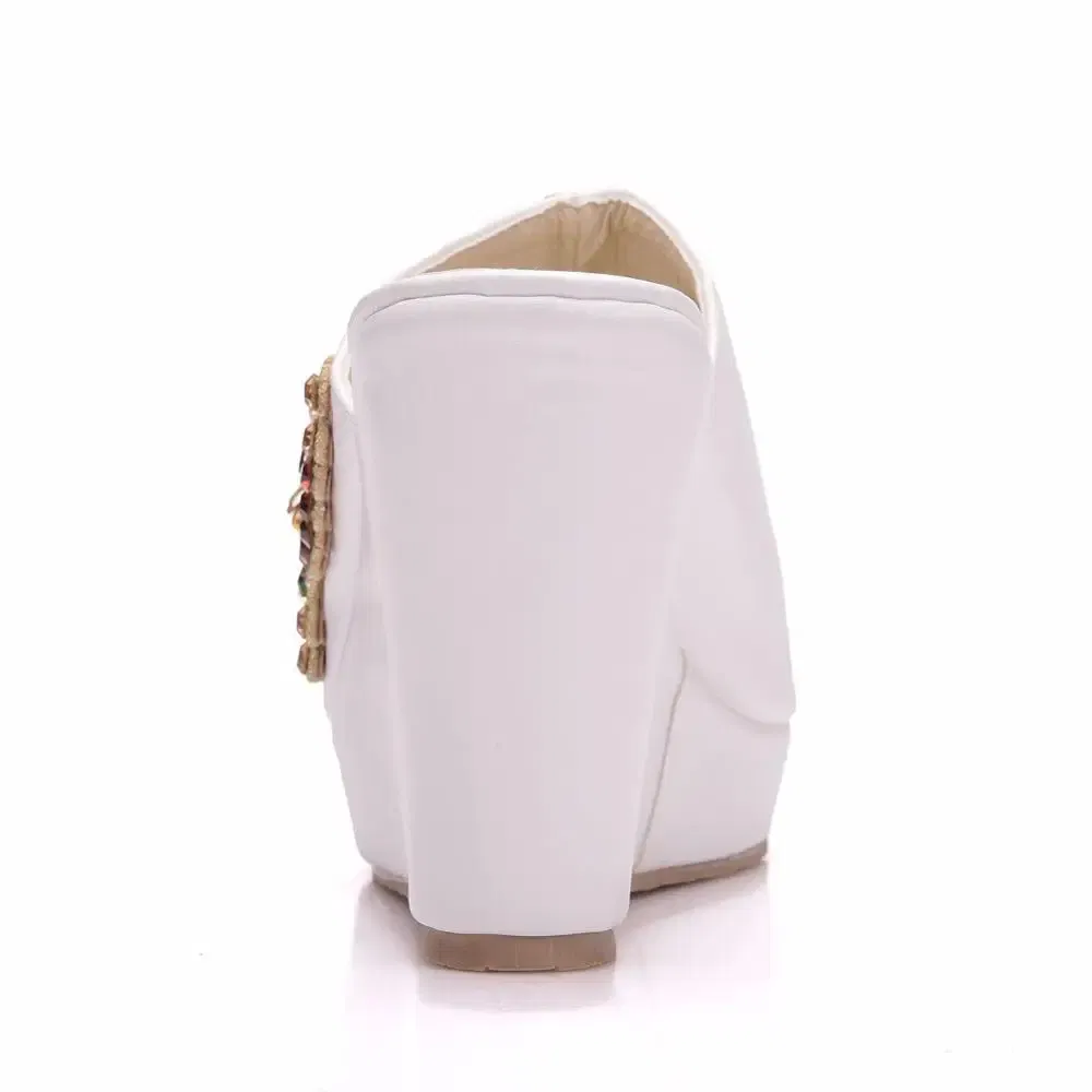 Color: WHITE, Shoe Size: 38 - Crystal Queen 10cm Peep Toe Platform Wedges Slippers High Heels Beach Sandals Women