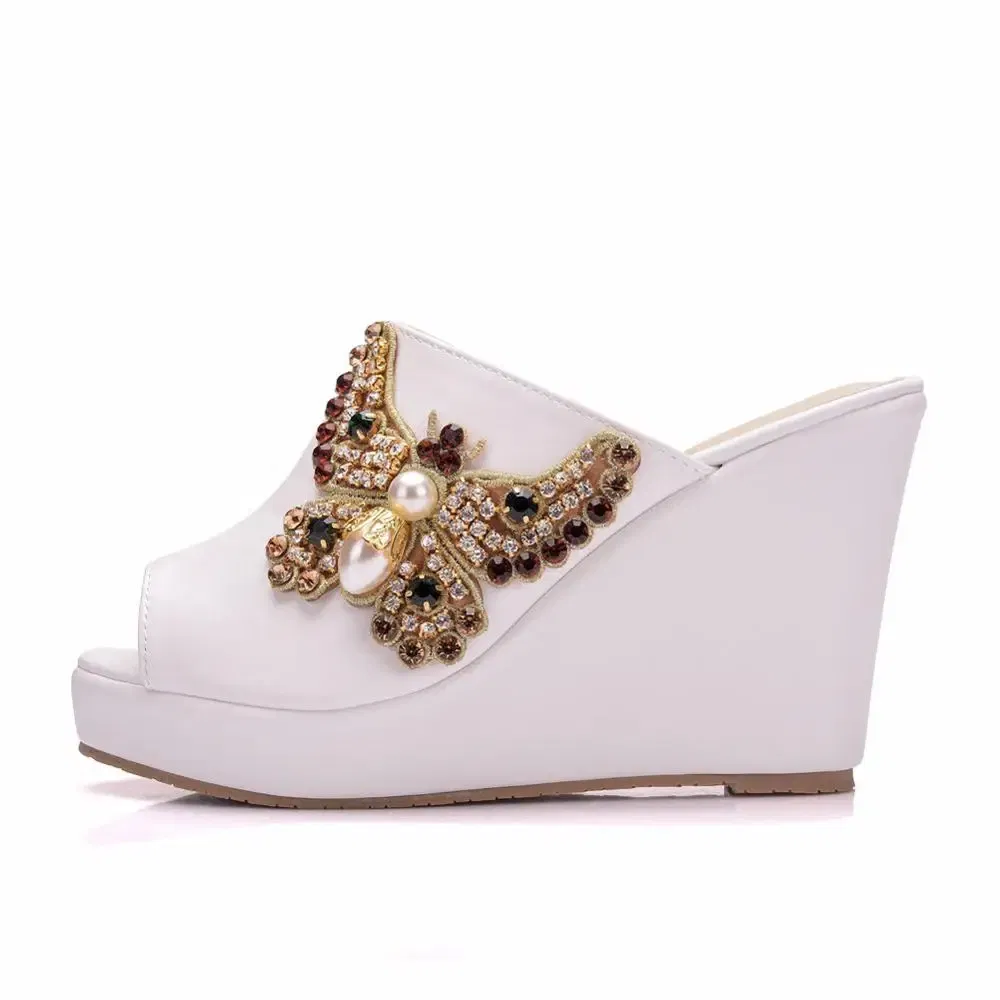 Color: WHITE, Shoe Size: 38 - Crystal Queen 10cm Peep Toe Platform Wedges Slippers High Heels Beach Sandals Women