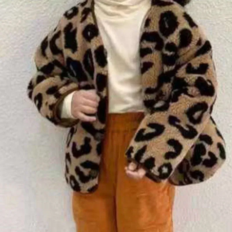 Color: Beige, Kid Size: 4T - Girls jacket leopard print V-neck plus velvet padded jacket cotton-padded jacket 2024 new winter