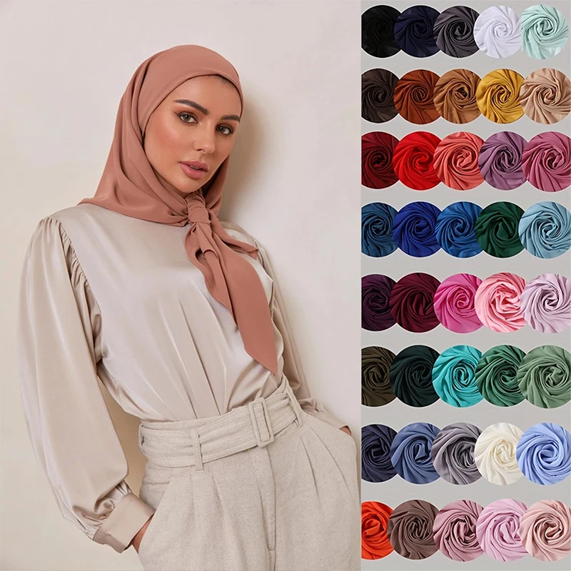 Color: Pink, Size: One Size - 110*110cm Chiffon Square Hijabs Scarf For Woman Muslim Turban Hat Islam Headscarf Women Plain Veil Jersey Hijabs Ramadan