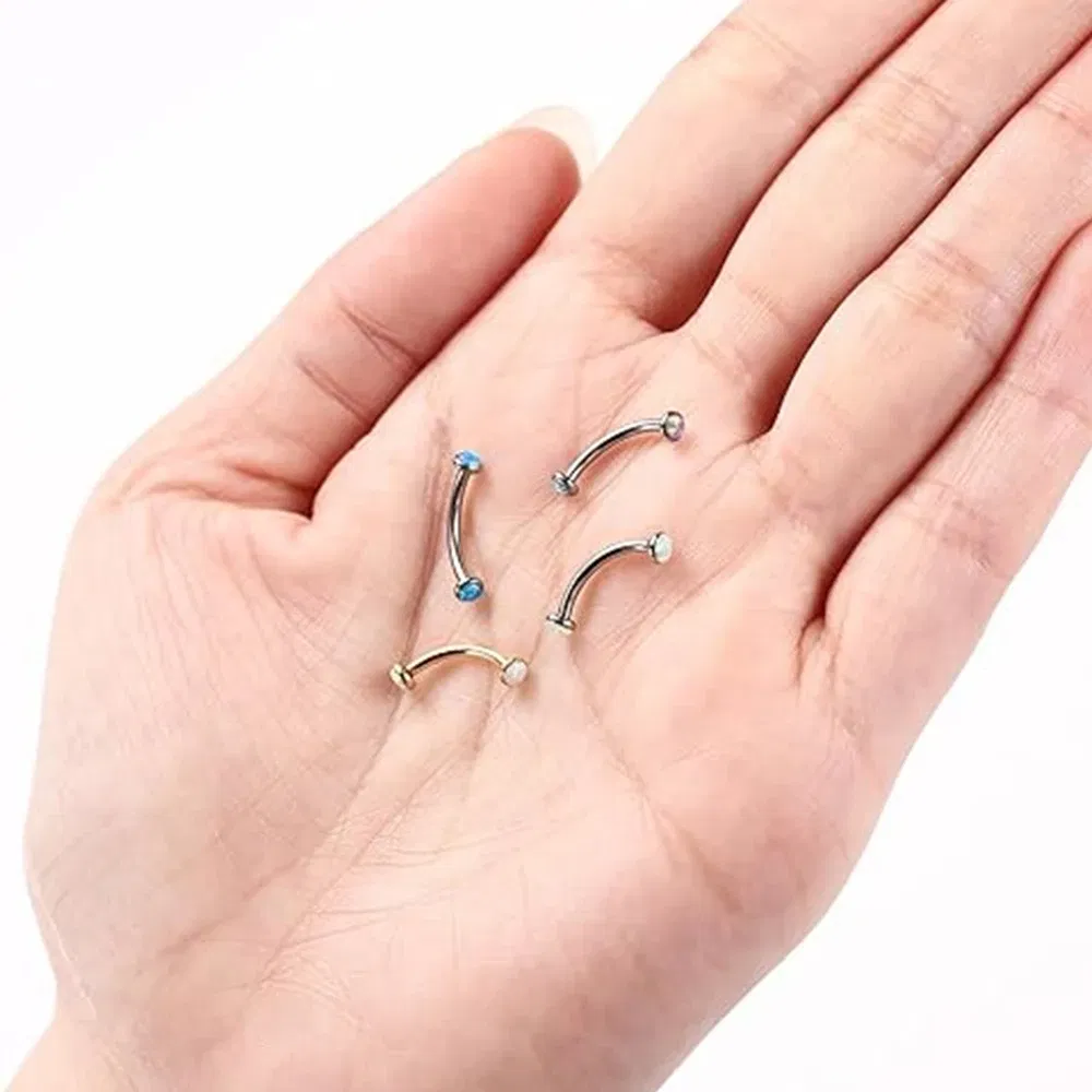 Metal color: Antique Copper Plated, Main Stone Color: green - 3/4/5mm Opal Steel Eyebrow Ring Internally Threaded 6mm -14mm Bar Curved Barbell Monroe Lip Stud Ear Tragus Piercing