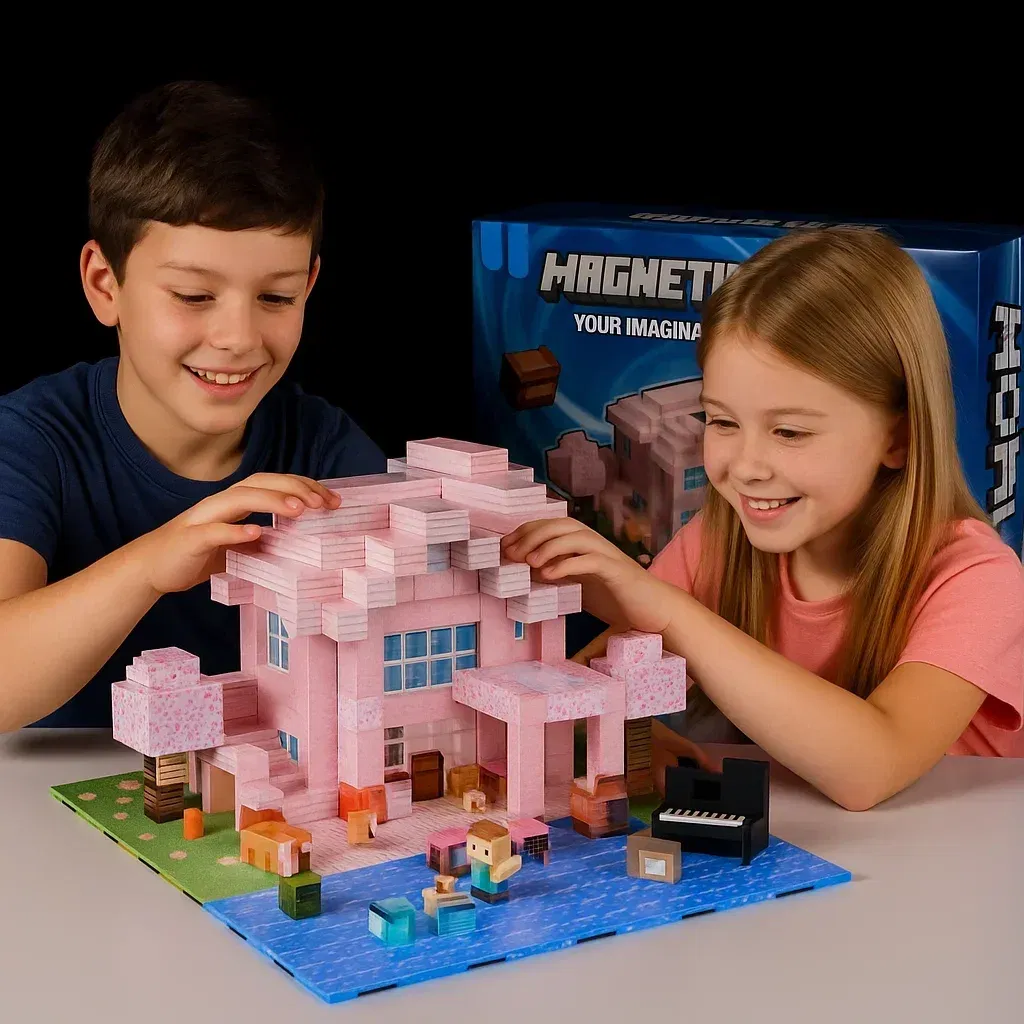 Color: BRIGHT PINK - Magnetic Building Blocks Mine World Magnet Cube Set for Boy Girl Kid Age 3+ DIY Pixel style Model Base plate STEM Toy Baseplate