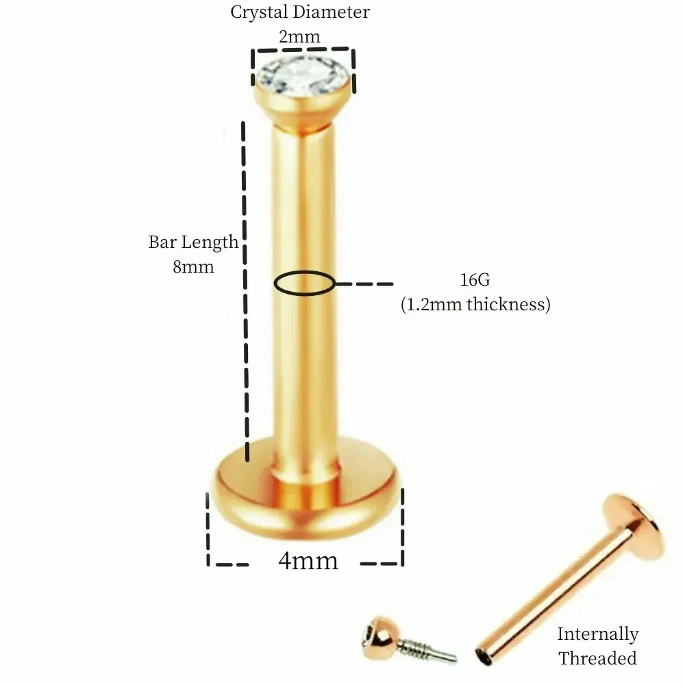 Metal color: ROSE GOLD COLOR - 2X 16g 1.2mm Crystal Steel -Gold- Labret Ring Bar Ear Cartilage Tragus Monroe Lip Nose Stud Internally Threaded Piercing