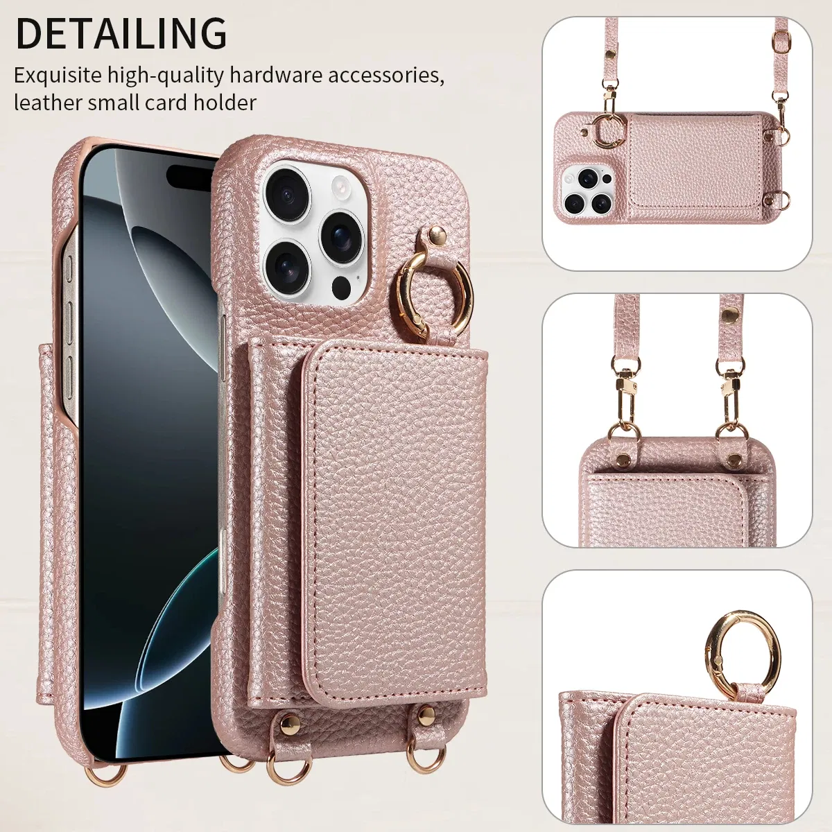 Color: Gold, Bundle: Case & Strap, Material: Artificial Leather, Compatibility by Model: iPhone 15 Pro Max - For IPhone16 15 Pro Max 14 13 12 Series PU Leather Magsafe Magnetic Wireless Charging Shockproof Crossbody Wallet Phone Case