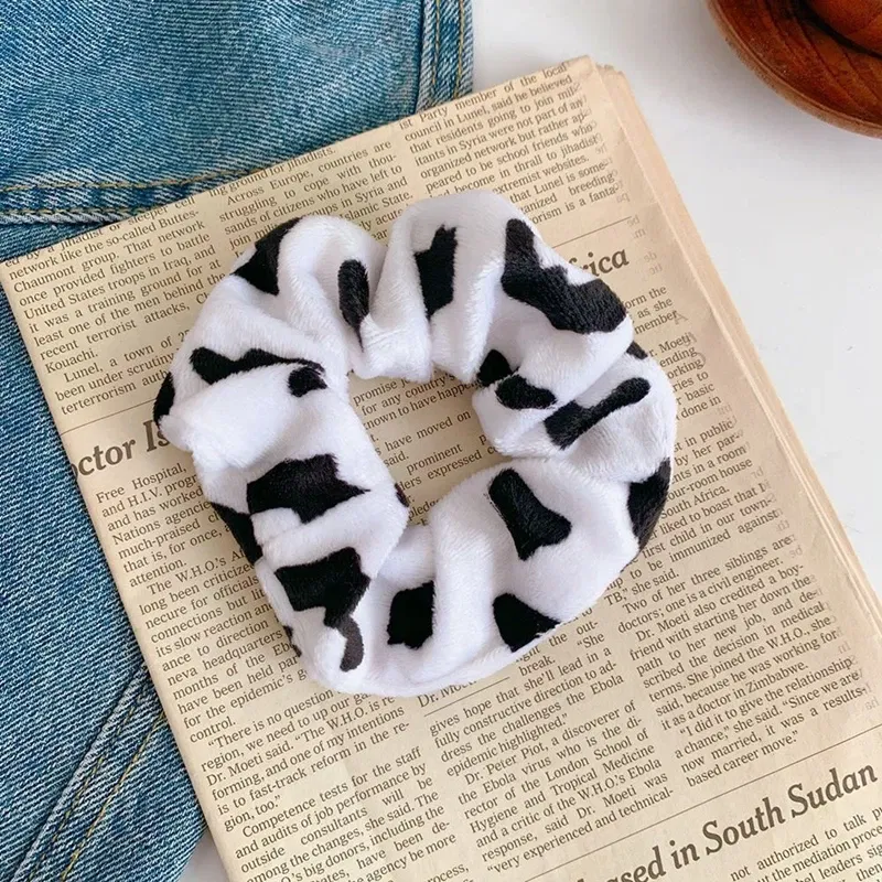 Color: GRAY - Cow Pattern Black and White Scrunchies Autumn Winter Plush Hair Ties Korean Cute Fashion Hair Ribbons Girls Hair Accessorie