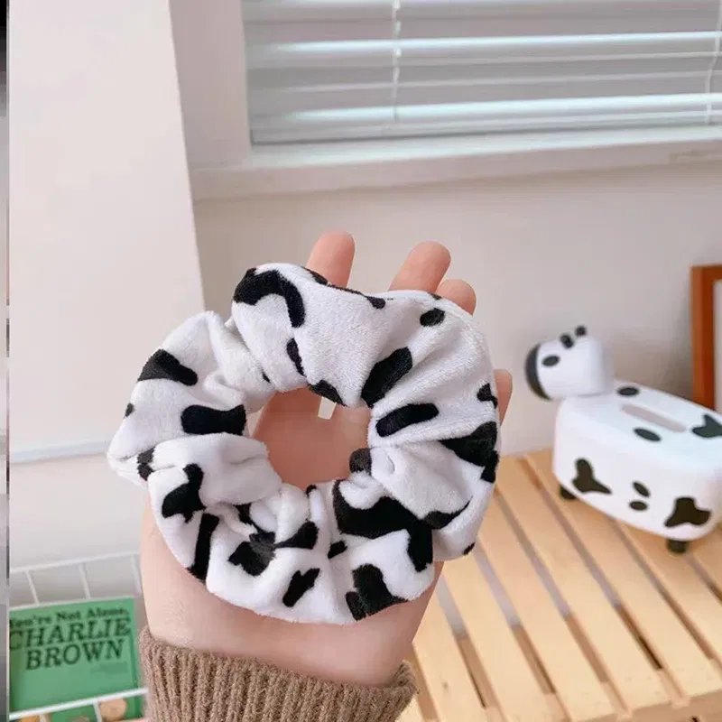 Color: GRAY - Cow Pattern Black and White Scrunchies Autumn Winter Plush Hair Ties Korean Cute Fashion Hair Ribbons Girls Hair Accessorie