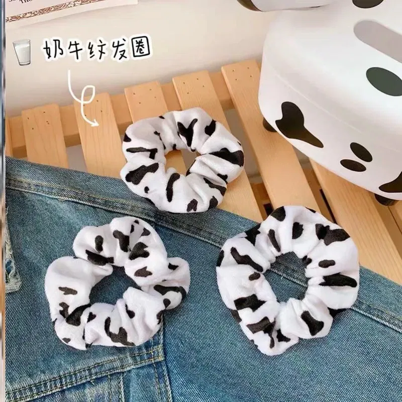Color: GRAY - Cow Pattern Black and White Scrunchies Autumn Winter Plush Hair Ties Korean Cute Fashion Hair Ribbons Girls Hair Accessorie