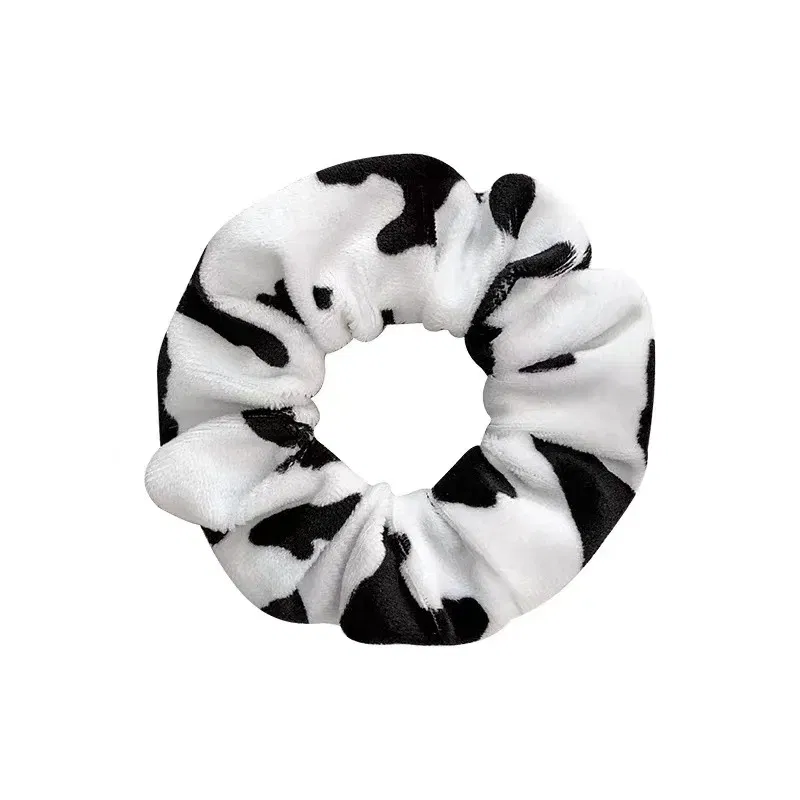 Color: GRAY - Cow Pattern Black and White Scrunchies Autumn Winter Plush Hair Ties Korean Cute Fashion Hair Ribbons Girls Hair Accessorie