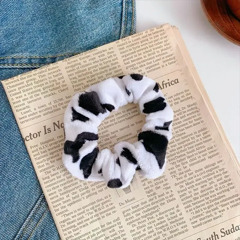 Color: GRAY - Cow Pattern Black and White Scrunchies Autumn Winter Plush Hair Ties Korean Cute Fashion Hair Ribbons Girls Hair Accessorie