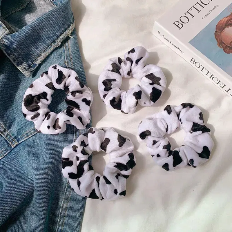 Color: GRAY - Cow Pattern Black and White Scrunchies Autumn Winter Plush Hair Ties Korean Cute Fashion Hair Ribbons Girls Hair Accessorie