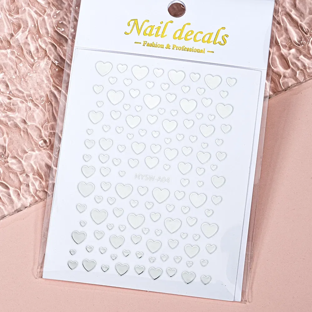 Color: WHITE - 1Pcs 3D Heart Love Nail Sticker Laser Colorful Self-Adhesive Slider Decals 8*10cm Valentines Day Sticker for Nail Decorations #N