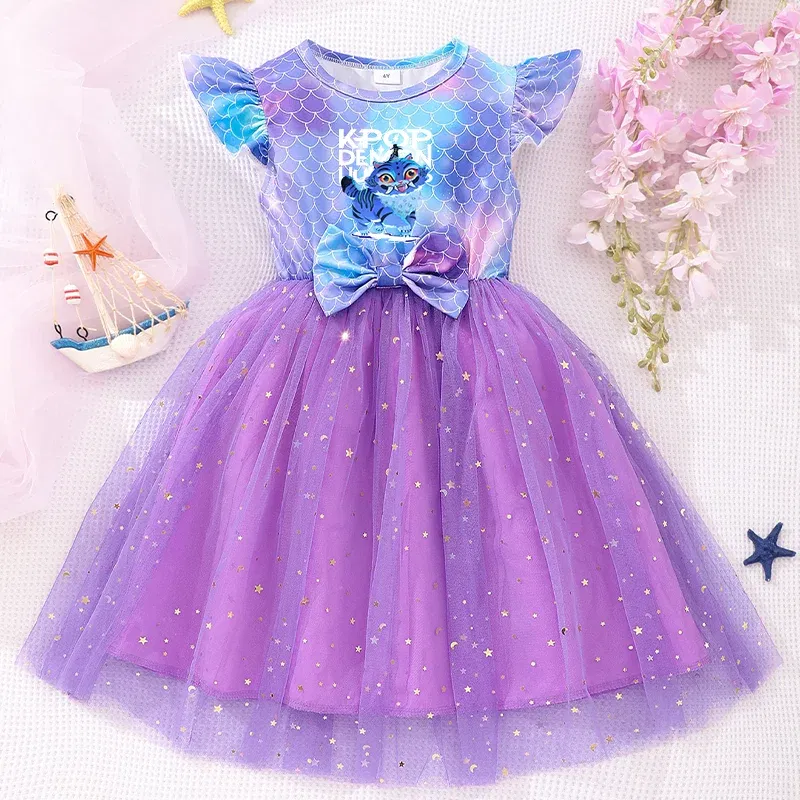 Color: PURPLE, Size: One Size, Ships From: CHINA, Height: 158 - KPop Demon Hunter Christmas Princess Dress Girl Fashion Casual Autumn Butterfly Dress Wedding Birthday Party Dress Gift Clothes