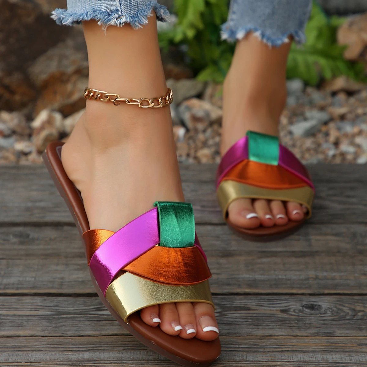 Color: MULTI, Shoe Size: 43 - New Fashion Slippers Women Sexy Flat Sandals Casual Ladies Sand Beach Slippers Elegant Fish Mouth Slippers Women