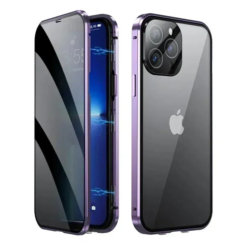 Color: PURPLE, Material: PVC - Double-Sided Privacy Magnetic Case For iPhone 16 12 13 14 15 11 Pro Max 14 Plus 16 Plus Anti Peeping Full Cover Metal Frame Case