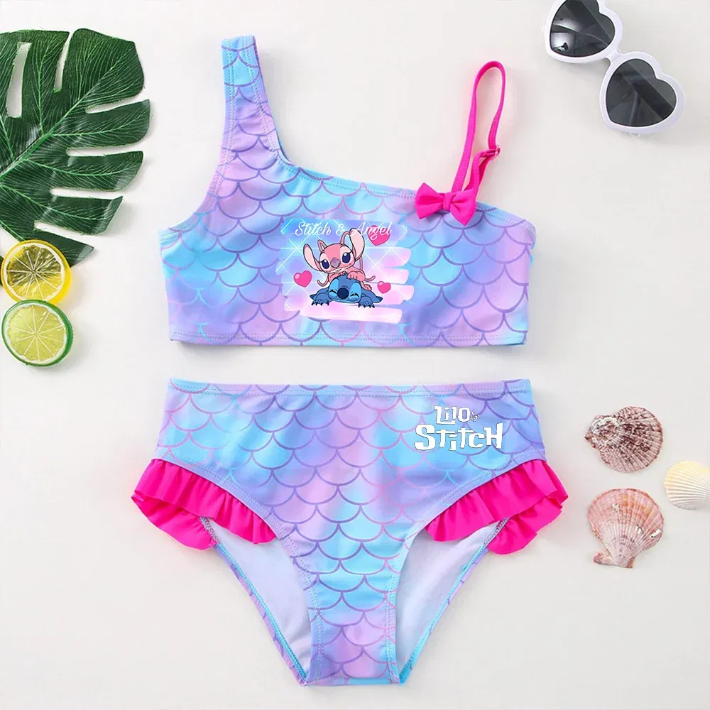 Color: Gold, Size: L - Lilo Stitch Girls Swimsuit One-Piece Bathing Suits Kids Wear Fashion Mermaid Fish Children's Dresses Summer Swimwear Beach Suit