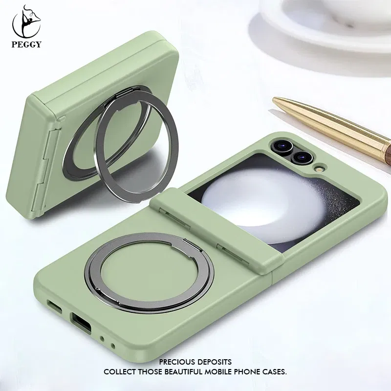 Color: Clear, Material: ABS - 360?° Rotating Holder Phone case For Samsung Galaxy Z Flip 5 Magsafe Wireless charge 360 Degree Ring Magnetic stand Phone Cover