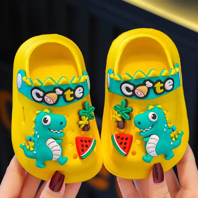 Color: Yellow, Shoe Size: 1 - Summer Childrens Slippers Hole Kids Sandals Soft Anti-Skid Cartoon Dinosaur DIY Design Indoor Anti-Slip Boys Girls Beach Shoes