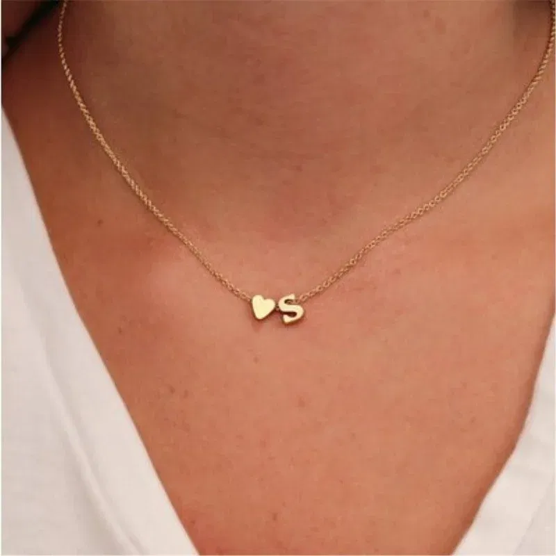 Metal Color: Gold-color - Fashion Tiny Heart Dainty Initial Necklace With Letter Name Choker Necklace For Women Pendant Jewelry Accessories Gift
