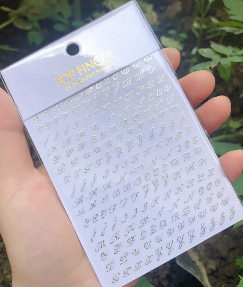 Color: Dark Grey - 1PCS New English Alphabet Nail Stickers Multi-Color Laser Reflective Nail Slider Art Cool Text Nail Kit