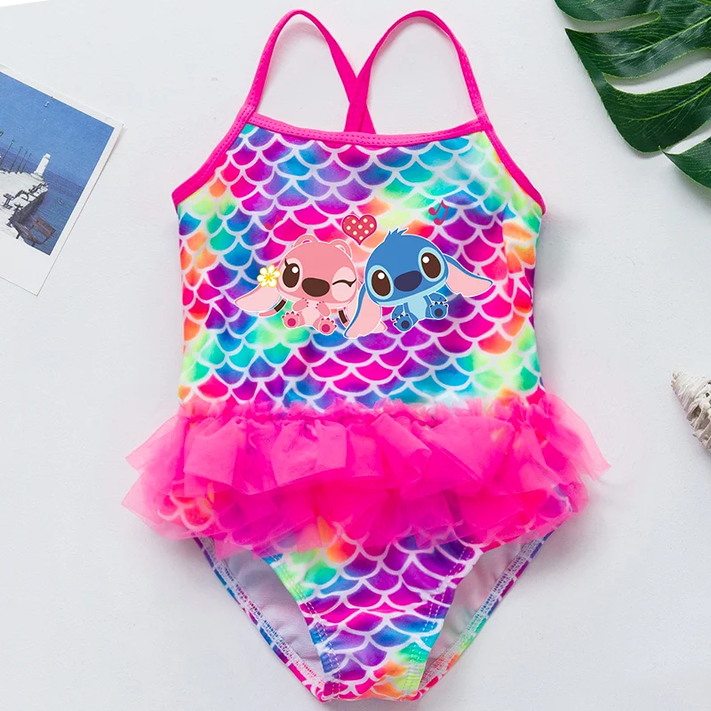 Color: Beige, Kid Size: 18M - Lilo Stitch Girl Swimsuit Summer One-Piece Swimwear Beachwear Pool Mermaid Fish Scale Print Bikini Bathing Outfit Swimming Wear