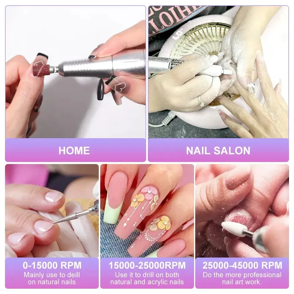 Professional 45000RPM Electric Portable Nail Drill Machine Rechargeable Low Noise Nail Sander File for Manicure Salon Tool