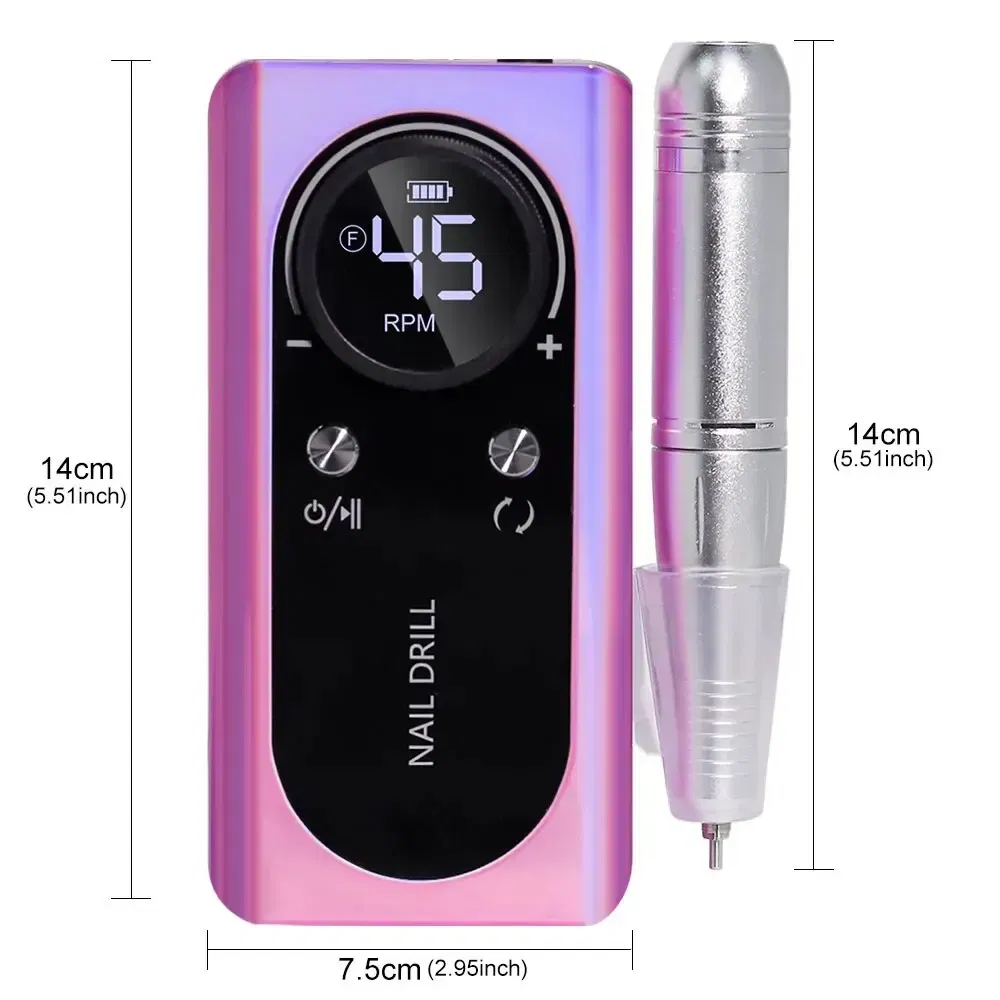 Professional 45000RPM Electric Portable Nail Drill Machine Rechargeable Low Noise Nail Sander File for Manicure Salon Tool