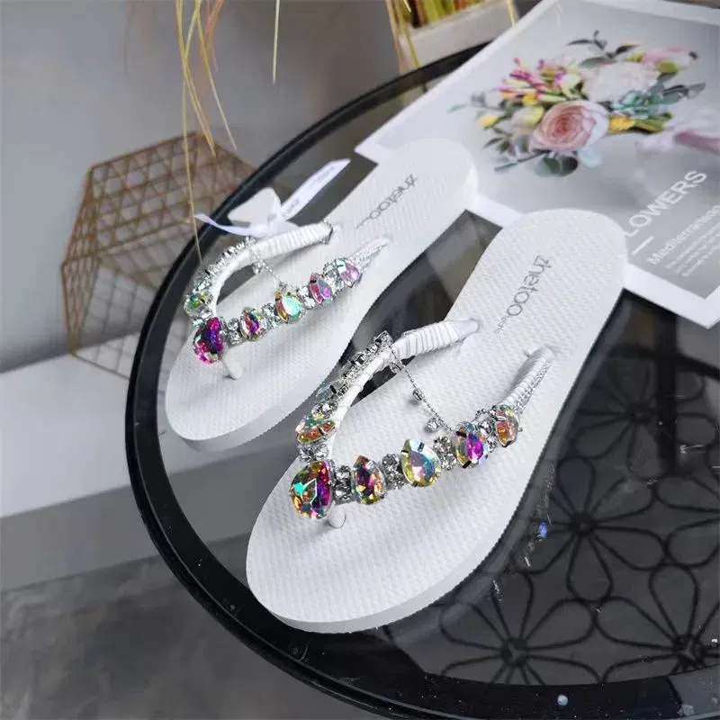 Color: WHITE, Shoe Size: 35 - Outdoor Leisure Flip Flops Women 2024 Summer Fashion Lady Beach Shoes Luxurious Rhinestone Embellished Women's Flat Slippers