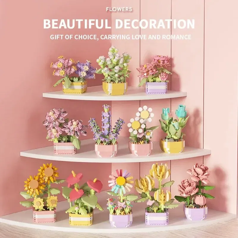 Color: Black - Flowers Plants Bonsai Building Blocks Succulent Potted Assembly Bricks Model Desktop Decoration Girl Toys Kids Holiday Gifts