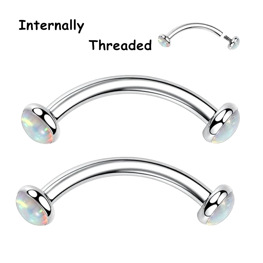 Metal color: Blue Zinc Plated, Main Stone Color: WHITE - 3/4/5mm Opal Steel Eyebrow Ring Internally Threaded 6mm -14mm Bar Curved Barbell Monroe Lip Stud Ear Tragus Piercing