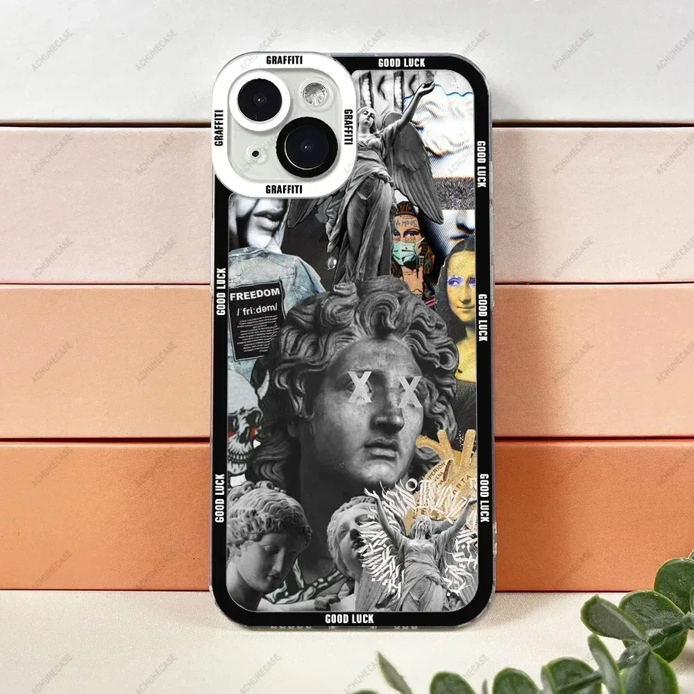 Color: Clear, Material: CANVAS - Aesthetic Statue Art Phone Case For iPhone 16 15 14 13 12 11 Pro Max XS X XR Plus Mini Luxury Transparent Soft Funda