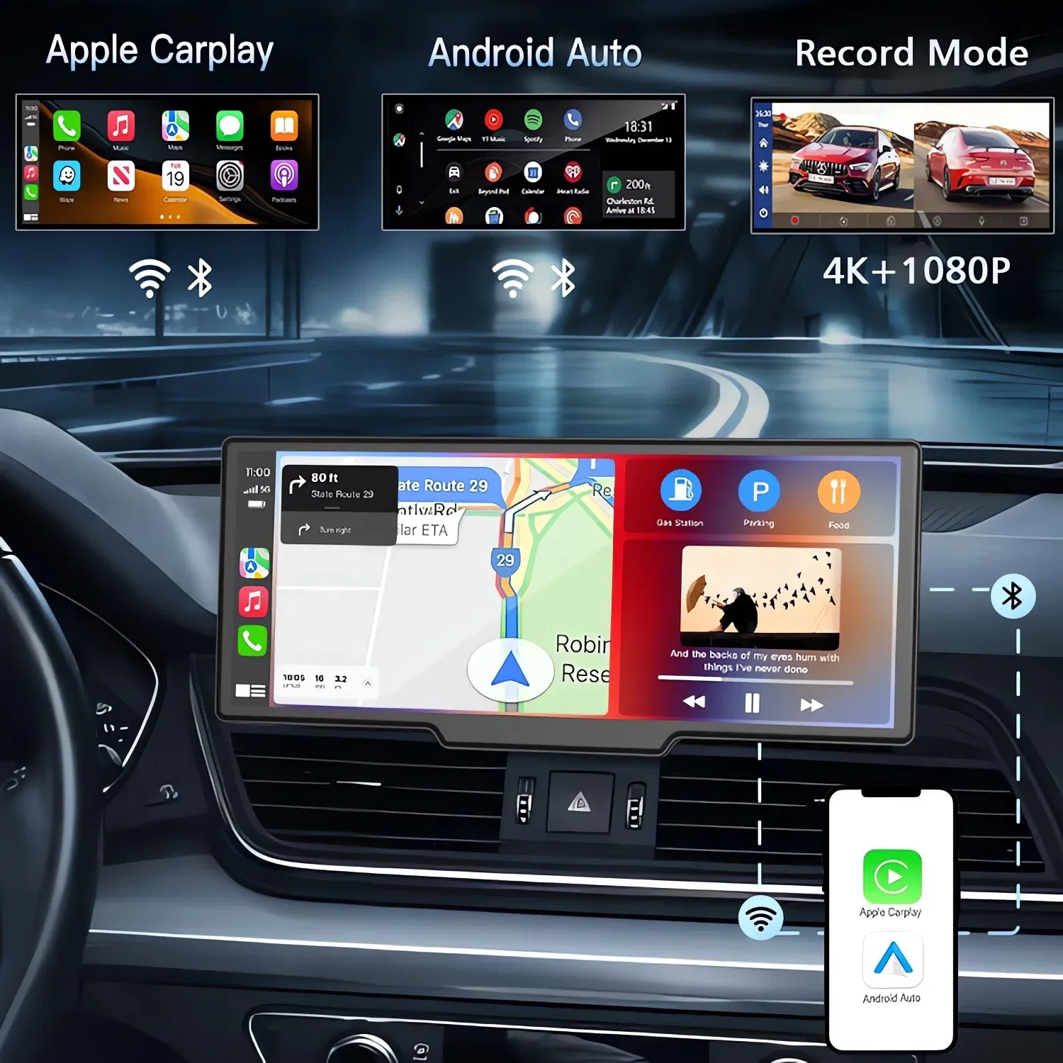 Car Dvr 10.26 Inch 4K 3840*2160P Carplay Android Auto Dash Cam GPS 5G WIFI FM BT Dual Lens Camera Dashcam Drive Recorder
