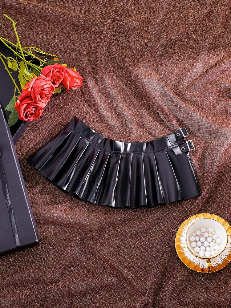 Color: black, Size: XL, Ships From: CHINA - Sexy PU Leather Pleated Skirt Women Solid Basic Mini Skirt Low Waist Skirt Female Nightwear Micro Bikini Skirts Nightclub Skirts