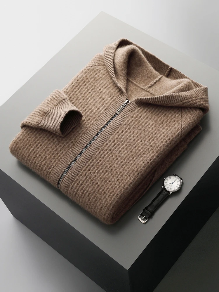 Color: Brown, Size: M - Daily Clothes Autumn Winter Sweater Men's Coat 100% Merino Wool Sweater Cardigan Knitted Jacket Thicked Hooded Outerwears Trend