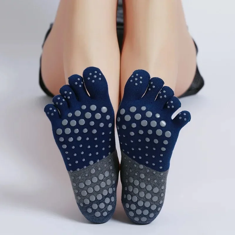 Color: Blue - Ladies Breathable Yoga Socks Silicone Non-Slip Five Finger Pilates Socks for Backless Fitness Ballet Dance Cotton Gym Socks
