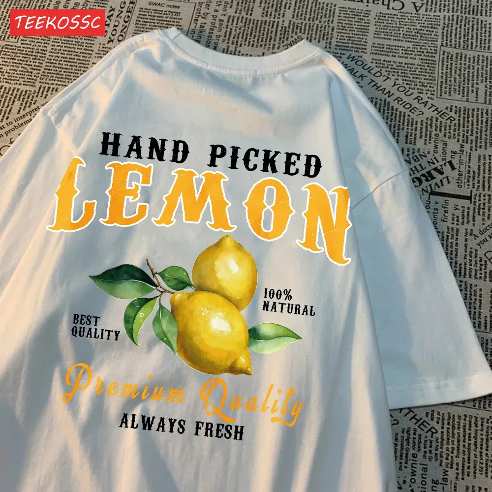 Color: Lemon yellow, Size: S - Summer Lemon Cherries Prints T-Shirts Cotton Women's Tops Oversize O-Neck Soft Short Sleeve tees Street Casual Womans Clothes