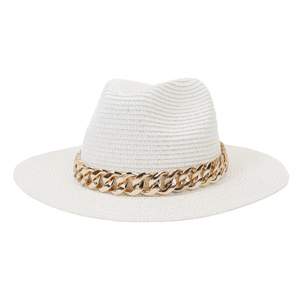 Color: WHITE, Size: L - Fashion Gold Chain Belt Panama Straw Hats For Women Summer Breathable Beach Sun Hats Elegant Ladies Party Jazz Hat