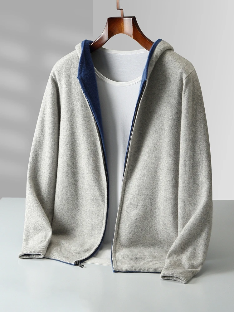 Color: Champagne, Size: M - Reversible Men's Wool Cardigan Sweater Autumn Winter Hooded  Solid 100% Merino Wool Knitted Casual Simple Man Jackets Thick Warm