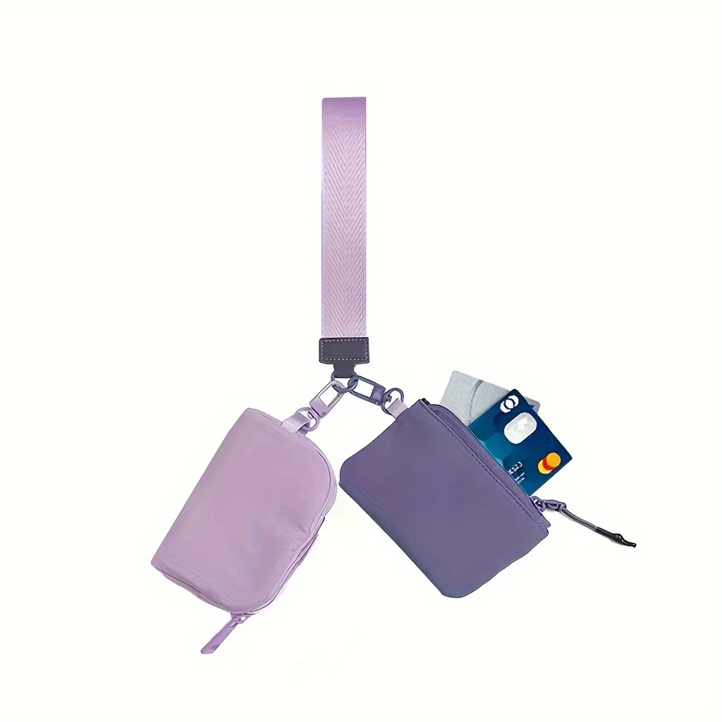 Color: Beige - Double Pouch Wristlet Keychain Wallet Small Zipper Coin Purse Women Portable Detachable Key Card Holder Change Pocket Handbag