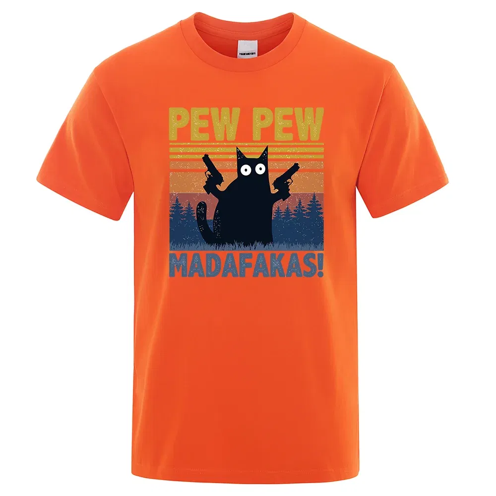 Color: Khaki, Size: L - Pew Pew Madafakas Tshirt Men Short Sleeve Novelty Funny Cat T Shirt Cotton Oversize Tops Shirts Tee T-Shirt Crew Neck Streetwear