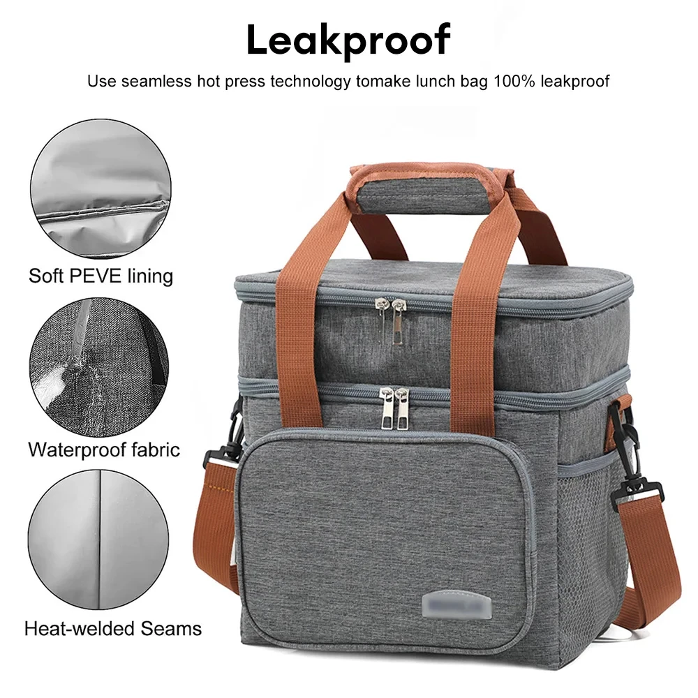 Color: Beige - Portable Double Layer Lunch Bags Food Box Durable Camping Oxford Backpacks Icebox Large Capacity Picnic Durable BBQ Outdoor BBQ