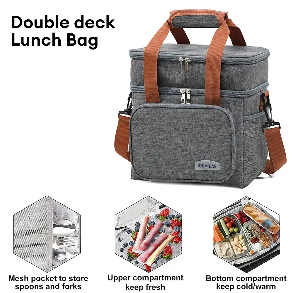Color: Beige - Portable Double Layer Lunch Bags Food Box Durable Camping Oxford Backpacks Icebox Large Capacity Picnic Durable BBQ Outdoor BBQ