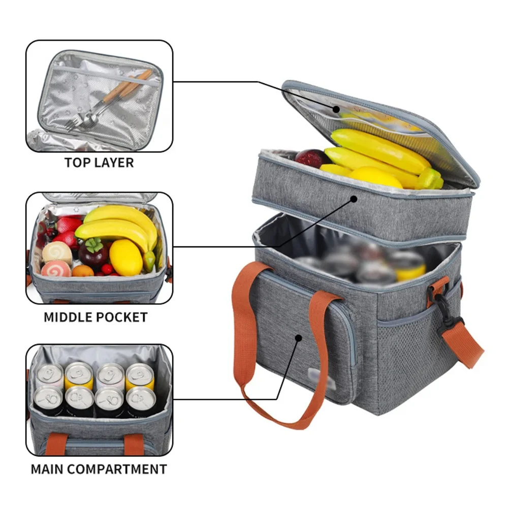 Color: Beige - Portable Double Layer Lunch Bags Food Box Durable Camping Oxford Backpacks Icebox Large Capacity Picnic Durable BBQ Outdoor BBQ