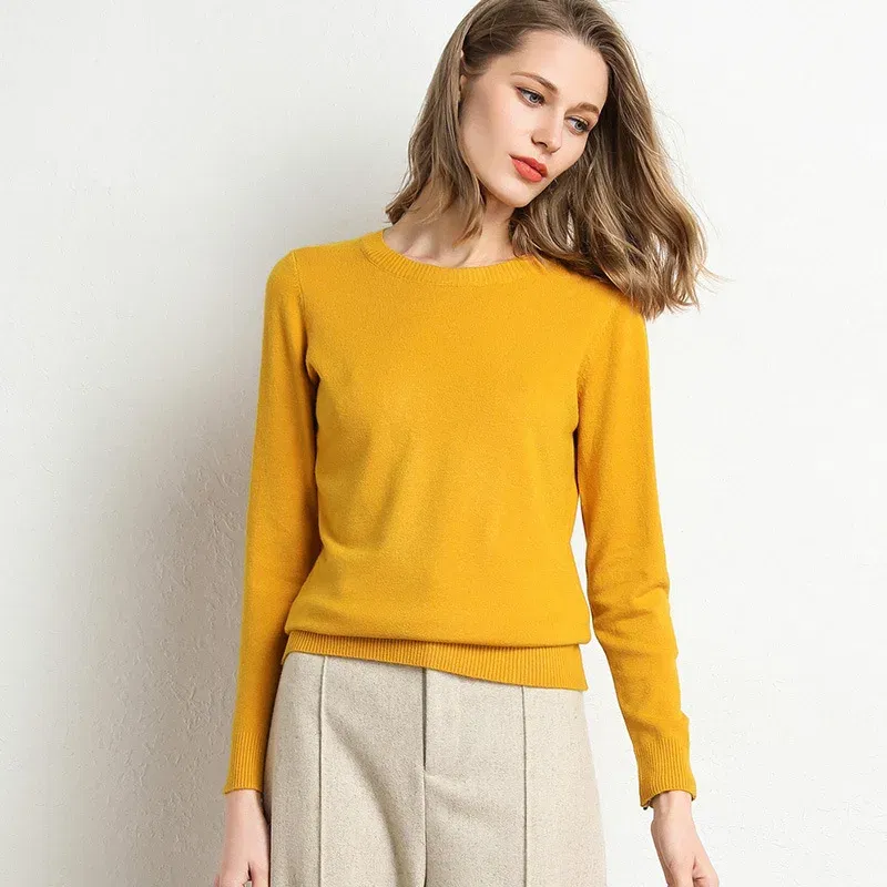 Color: Ginger Yellow, Size: L - Women Slim O-Neck Solid Pullover Cashmere Wool Blending Sweater Autumn And Winter Long-Sleeved Knit Bottoming Shirt Large Size