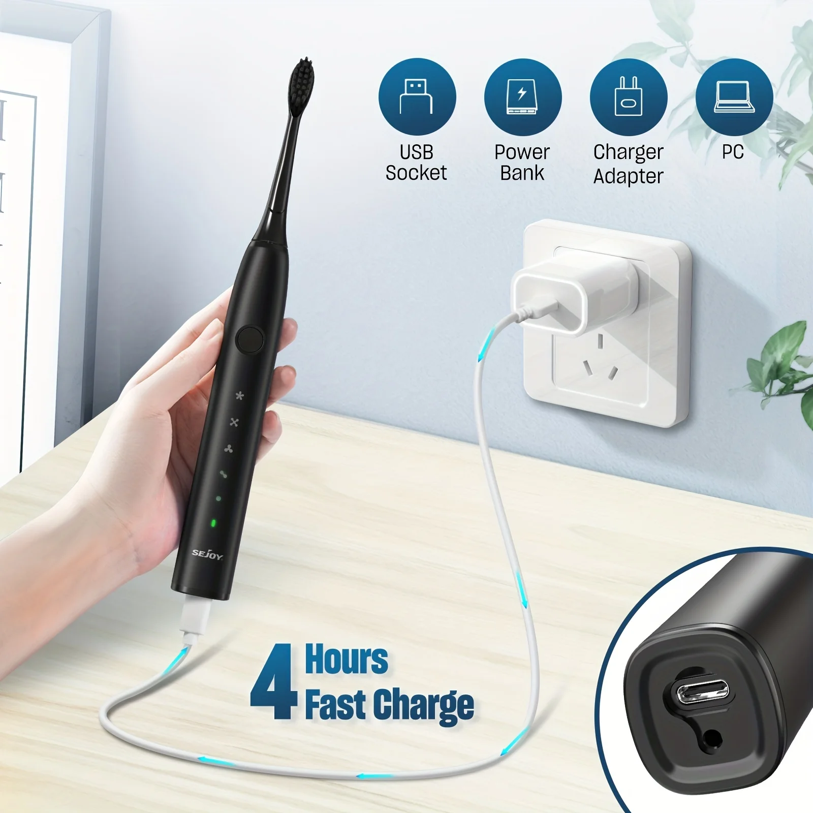 Color: black, Ships From: CHINA - Electric Toothbrush Tooth Brush USB Rechargeable Adult Ultrasonic Teeth Cleaning 8 Replacement Toothbrush Heads