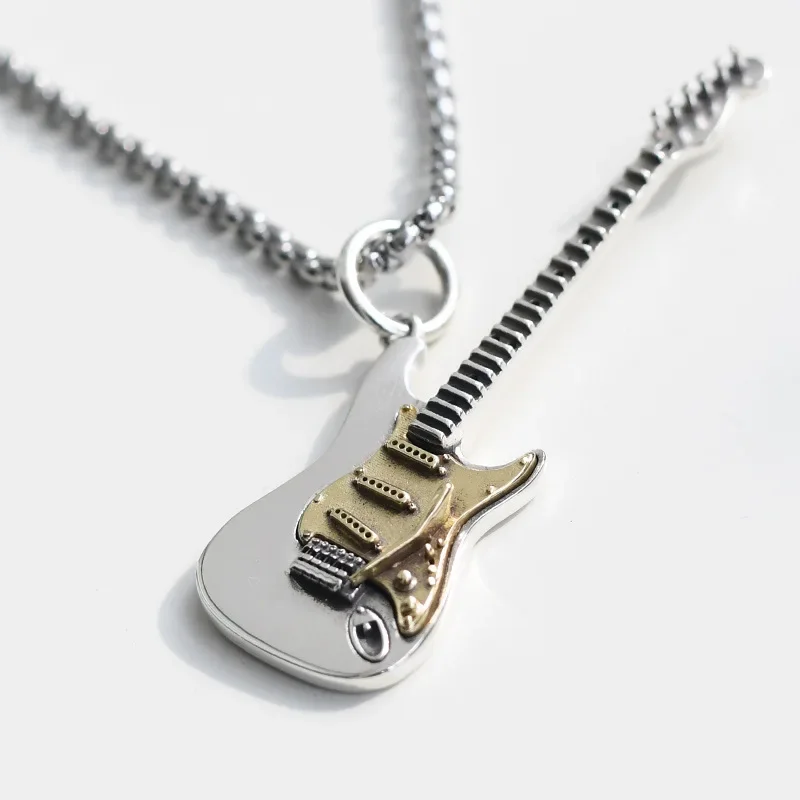 Metal Color: Rhodium Plated - Retro Punk Music Guitar Necklace for Men Personalized Gothic Pendant Fashion Hip Hop Rock Singer Jewelry Gift